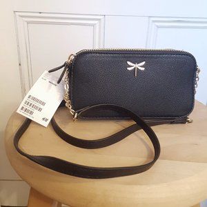 Black Shoulder Bag with Gold Dragonfly Detail